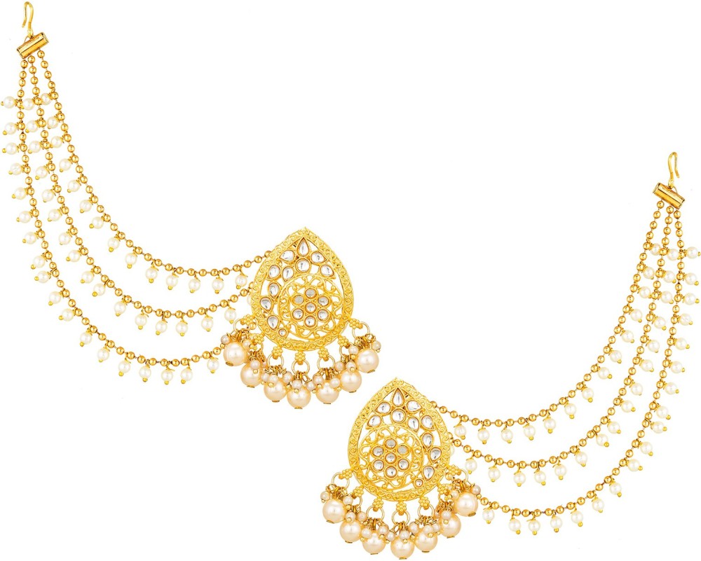 LUXOR Latest Designer Stylish Trendy Gold Plated Baahubali Hair Chain Pearl Alloy Drops & Danglers