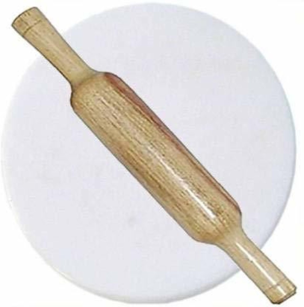 arba Handicraft Chakla or Pure White Marble Roti Maker or Rolling Pin Board or Round Cheese Platter, Serving Tray, Chapati Flatbread Tortilla presser, Rolling Pin & Board