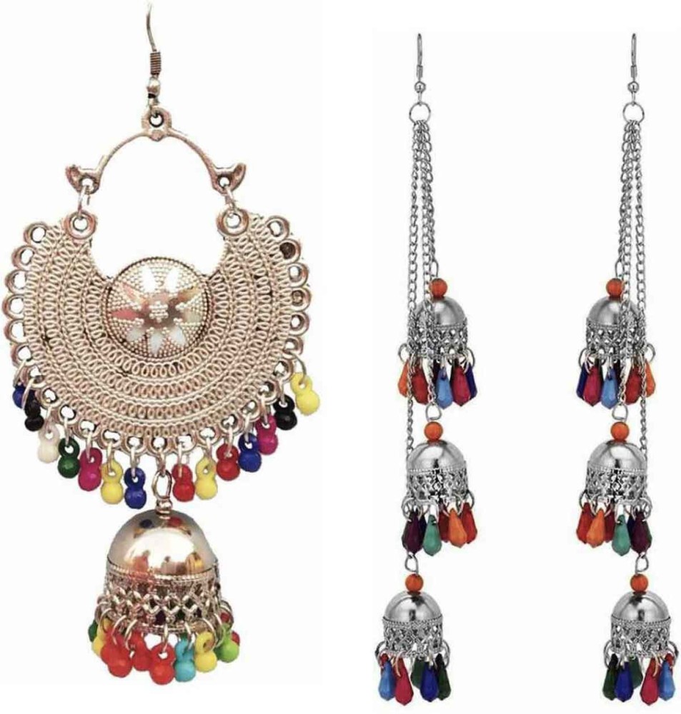Oblivion Afghani Oxidised Fashion Earrings In Chandbali and long Shape Party Wear Combo of 2 Earrings for Women and Girl SAK0095 Metal Chandbali Earring, Jhumki Earring Metal Jhumki Earring