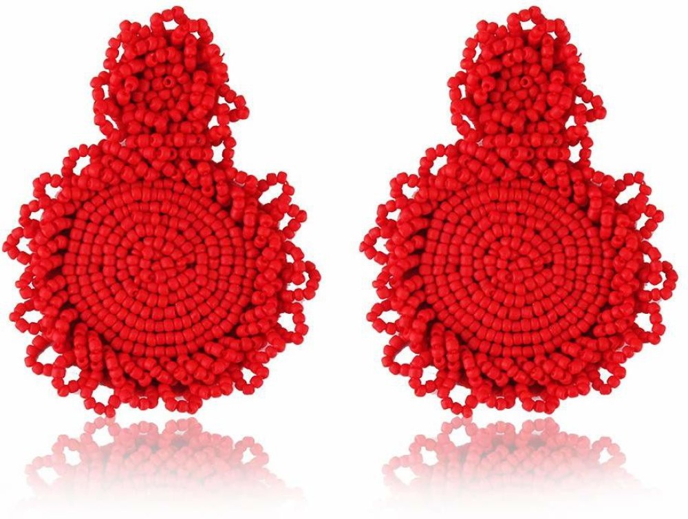 CRUNCHY FASHION Handmade Red Beaded Dangle Earrings Alloy Drops & Danglers