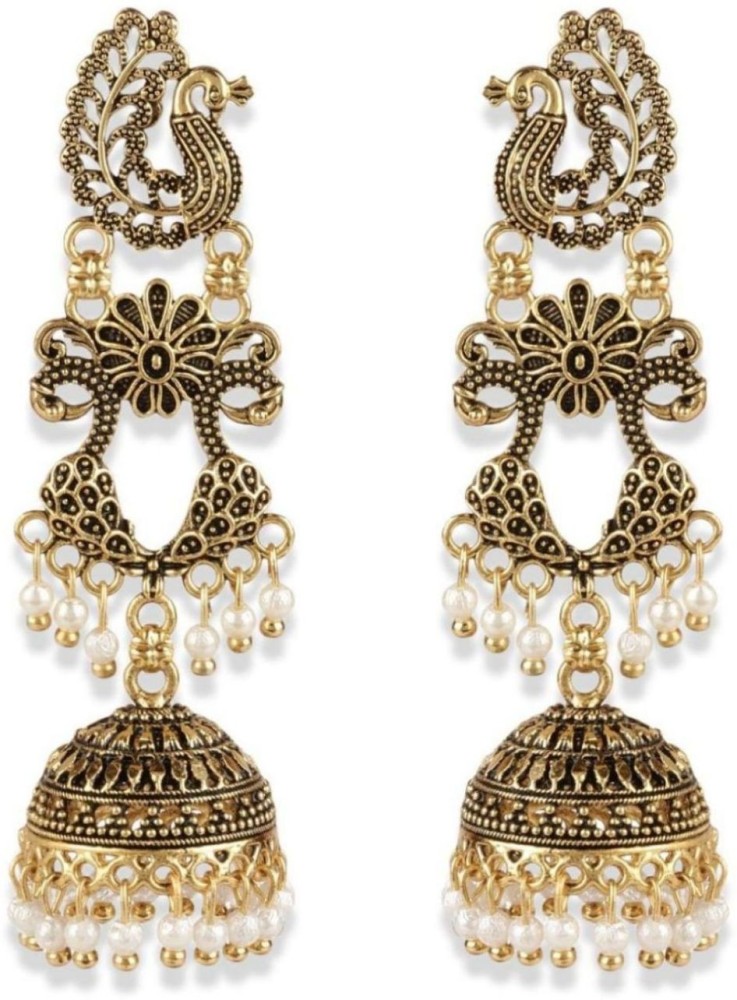 JEWELS GURU Classic Gold Plated Enamelled Dancing Peacock Jhumka Earrings For Women And Girls Cubic Zirconia, Beads Alloy Jhumki Earring