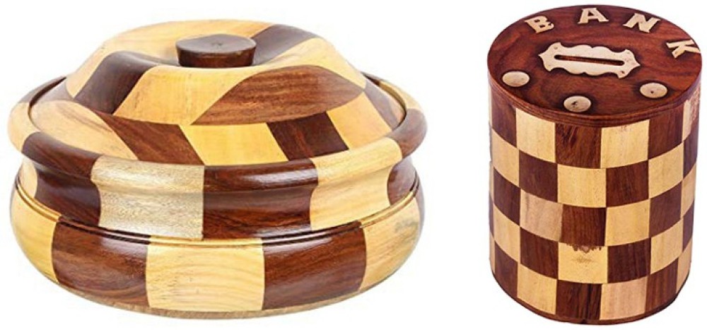 ASLAM WOOD CARVING Wooden CHAPATI Box Pack of 2 Serve Casserole Set
