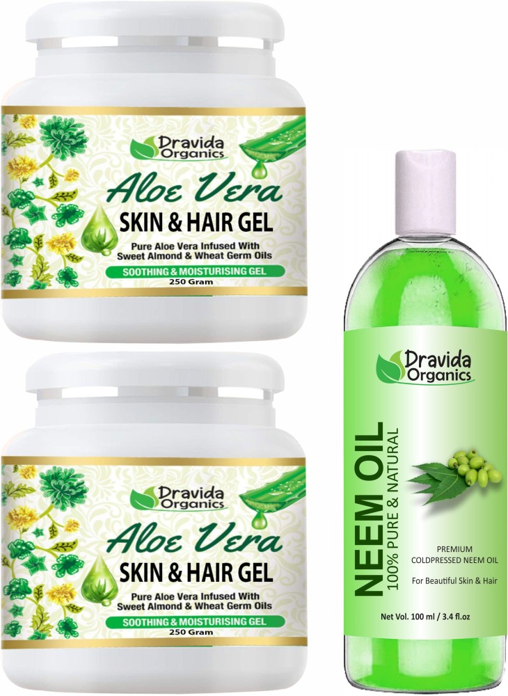 Dravida Organics Aloe Vera Gel Raw (500 Gram) and Neem Oil (100ml) - Ideal for Skin Treatment, Acne Scars, Face, Dry Skin