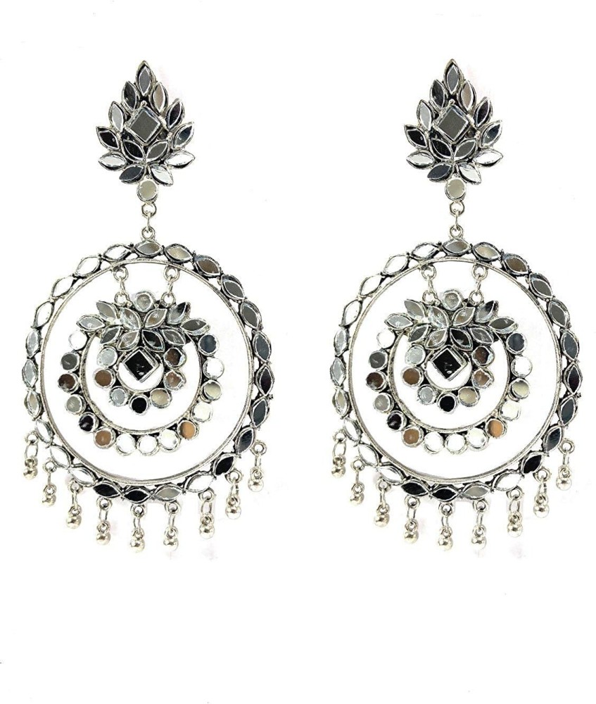 AnEk goods Oxidized Silver Antique Trending & Stylish Mirror Big Foral Dangler Earring for Girls & Women Metal Drops & Danglers
