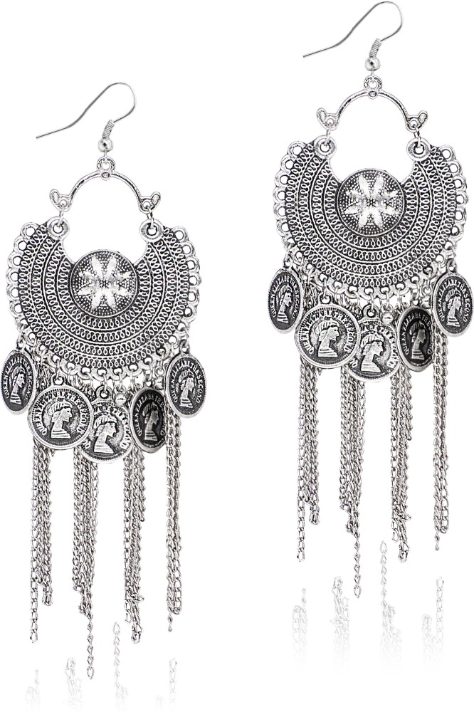 STEEPLOOK Glamorous Antique Handcrafted Silver Oxidised Coins & Chain Earrings With Silver Coins & Long Chains Hanging Bohemian Earrings For Women And Girls - Traditional Bold Fancy Party Wear Fashion Earrings Brass, Alloy Drops & Danglers, Jhumki Earring, Tassel Earring, Earring Set