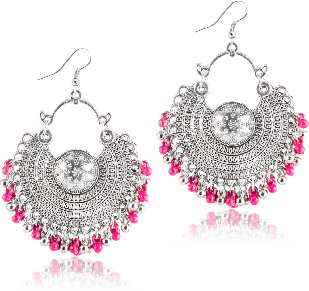 O'CLARISSE ITALY Charming & Beautiful Handcrafted Antique Silver Oxidised Earrings With Silver & Pink Ghungroos Bohemian Earrings For Women And Girls - Traditional Bold Fancy Party Wear Fashion Earrings Brass, Alloy Chandbali Earring