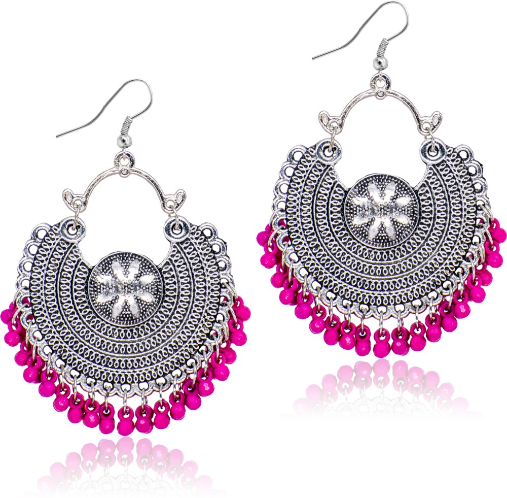 STEEPLOOK Beautiful & Lovely Handcrafted Silver Oxidised Earrings With Pink Ghungroos Perfect Bohemian Earrings For Women And Girls - Traditional Bold Fancy Party Wear Fashion Earrings Brass, Alloy Drops & Danglers