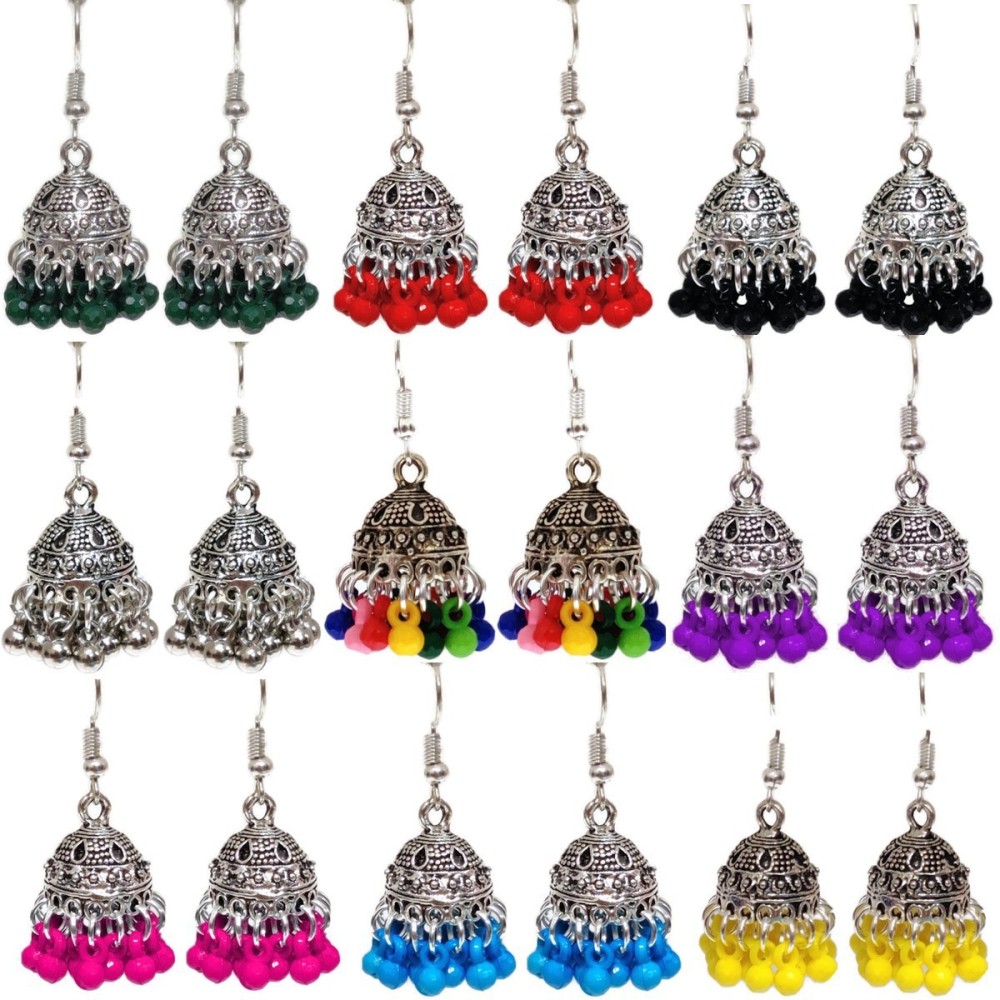 Weariton Oxidised Light Weight Stylish Fancy Party Wear Jhumka Afgani Earrings Set Combo Beads German Silver, Enamel, Plastic, Brass, Metal Earring Set, Jhumki Earring, Tunnel Earring, Drops & Danglers