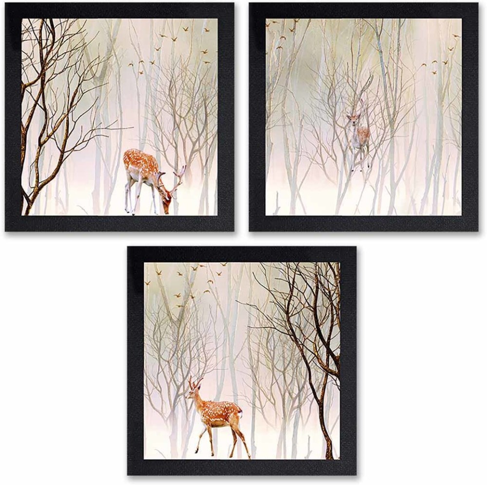 Poster N Frames Set of 3 Painting of Deer (14x14inch, setof3,Multicolour,Synthetic)-875 Digital Reprint 14 inch x 14 inch Painting