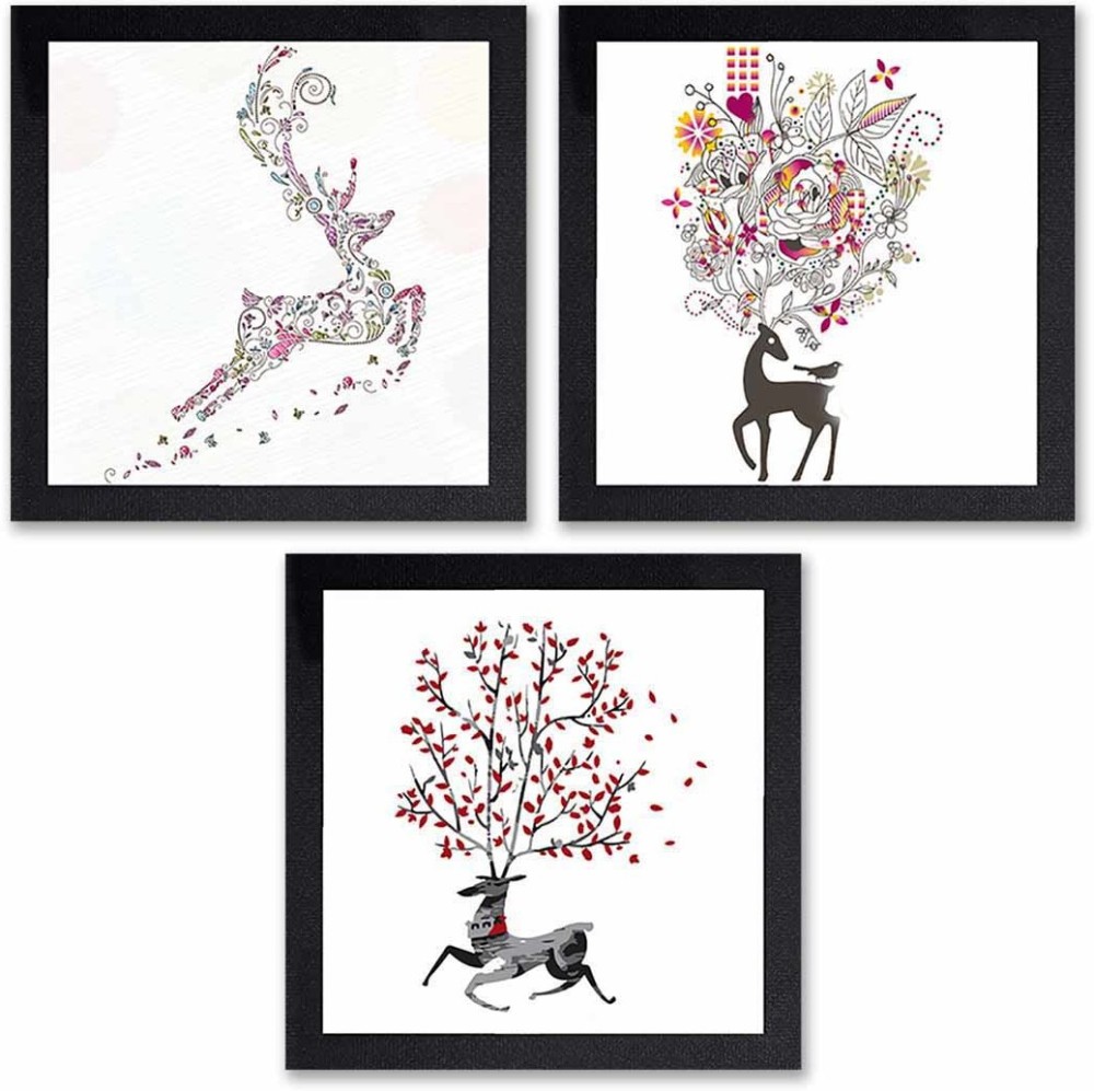 Poster N Frames Set of 3 Painting of Deer (14x14inch, setof3,Multicolour,Synthetic)-291 Digital Reprint 14 inch x 14 inch Painting