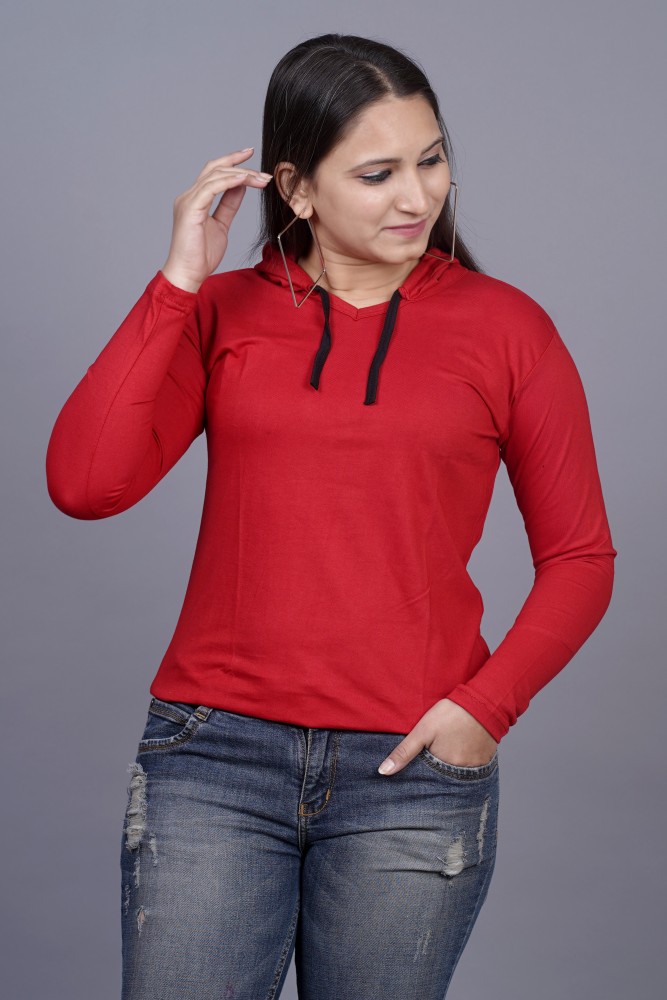 Ragoho Solid Women Hooded Neck Red T-Shirt
