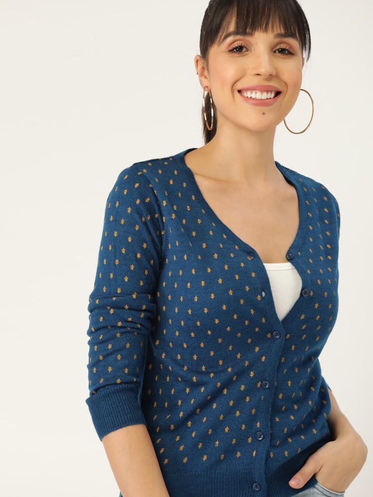 Dressberry Self Design V Neck Casual Women Blue Sweater