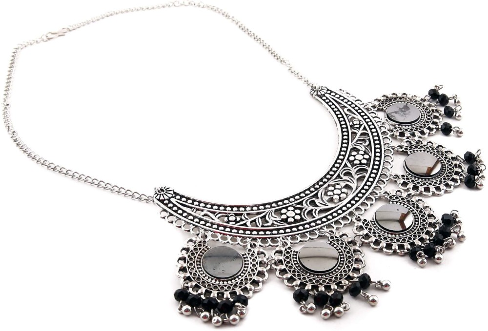 CRUNCHY FASHION Oxidised Silver Plated Afghani Mirror Tribal Necklace for Women Alloy Necklace