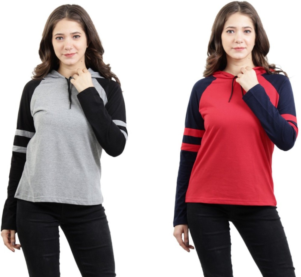 BASE 41 Solid Women Hooded Neck Red, Black T-Shirt
