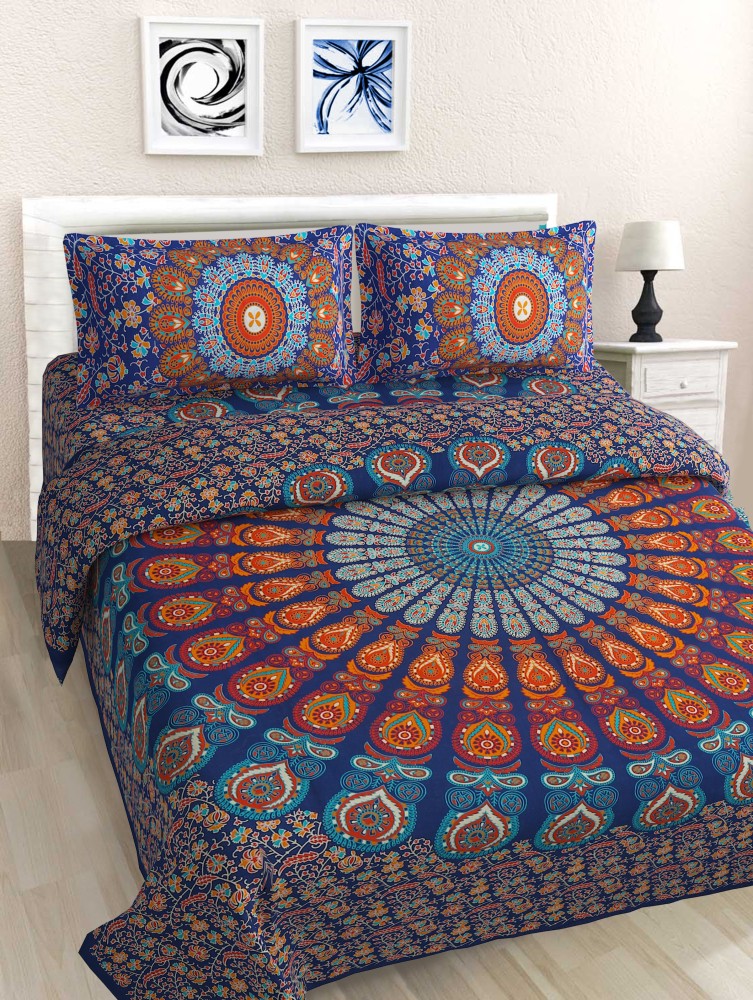 INSTA CRAFT 144 TC Cotton King Jaipuri Prints Flat Bedsheet