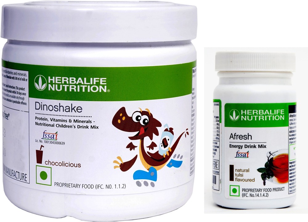 Herbalife Nutrition Dinoshake Chocolate 200 gm and Afresh Energy Drink Mix Tulsi 50 gm Plant-Based Protein