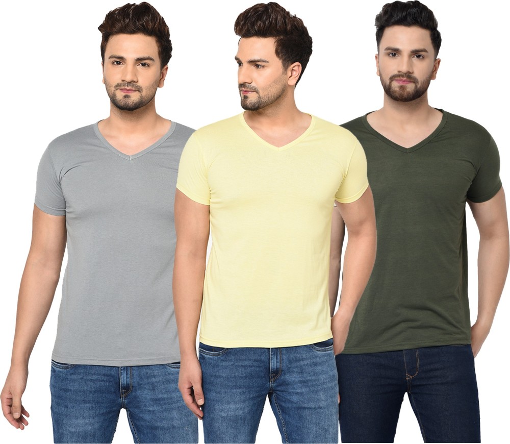 Bribzy Solid Men V Neck Multicolor T-Shirt