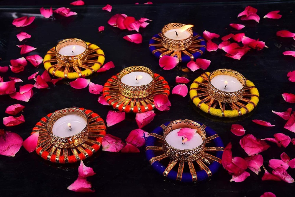 YKM Gotta Patti Mix Colorful Flower Designer Diyas/Tealight Candle Holder Brass 6 - Cup Tealight Holder Set