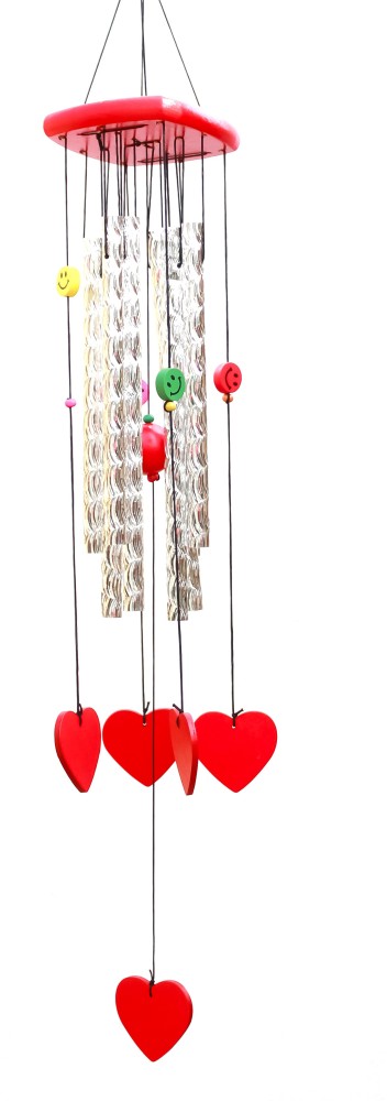 shanol :) Shanol:) Prajastore presents Red Heart Shape wind chime for home decoration Silver pipes Wind Chime Produce Melodious Sound , Gives Positive Energy & Reduce Negativity wooden square Wind Chimes For Home decoration and feng shui item Lovely Red Colour Aluminium Pipes bells and colourfull smiley Wind chimes For Balcony Room Bedroom (Assured Good Sound)(length:-25 inches, Red and silver, wooden and aluminium) Wood, Aluminium Windchime