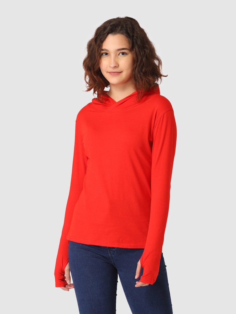 Vemante Solid Women Hooded Neck Red T-Shirt
