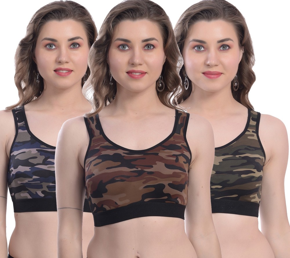 StyFun (Gift Wrapped Packing) Military Army Print Sports Bra for Women Combo Pack Gym Yoga Running Dancing Active wear Workout Girls Everyday bra, Pack of 3 Bras Cup-B Women Sports Non Padded Bra