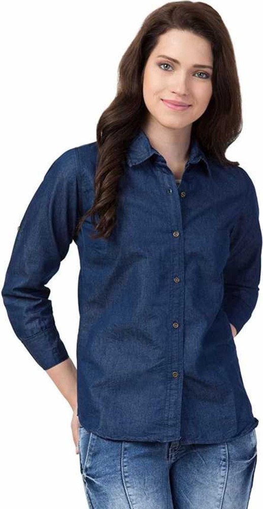 SANABEL Women Self Design Casual Dark Blue Shirt