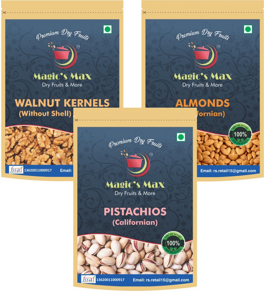 Magic's Max best combo premium quality almonds (badam) & kashmiri walnuts (akhrot) & roasted n salted pistachios (pista) (3 x 250g) Almonds, Walnuts, Pistachios
