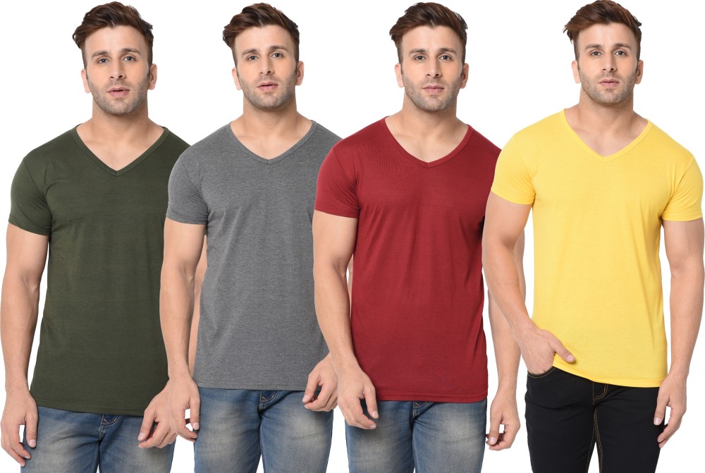 Bribzy Solid Men V Neck Multicolor T-Shirt
