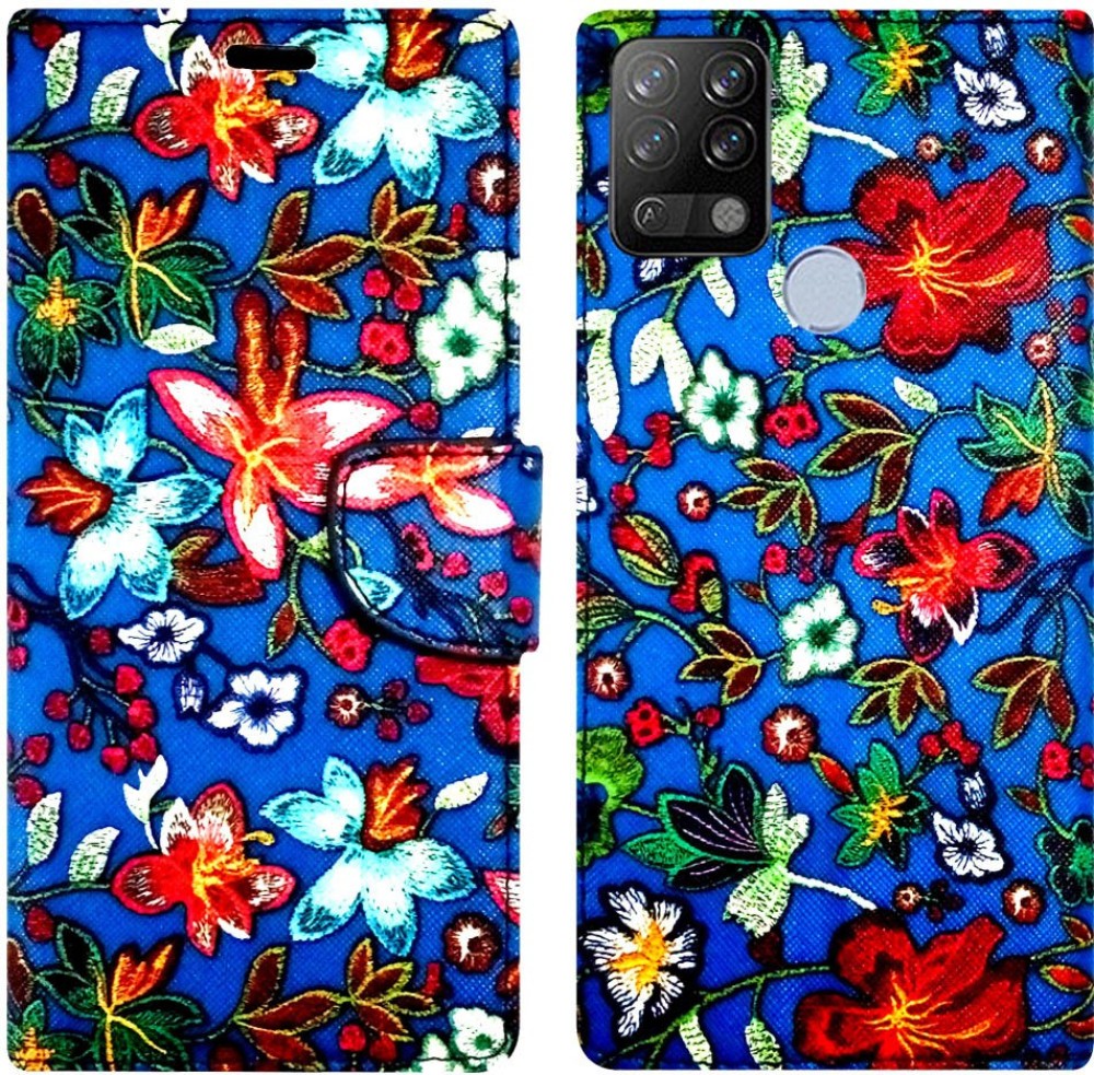 METOO Flip Cover for Tecno LD7J flip cover :: Red, Blue flower Desing flip cover for girls, boys, friends, Any other