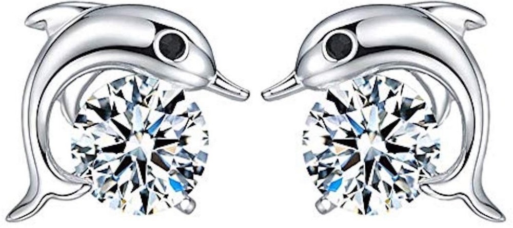 Nilu's Collection Fashion Silver Plated Cubic Zirconia Crystal Dolphin Shape Stud Earrings for Women Cubic Zirconia Copper Stud Earring