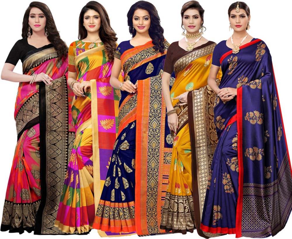 SAARA Floral Print, Printed, Geometric Print Banarasi Silk Blend, Cotton Silk Saree