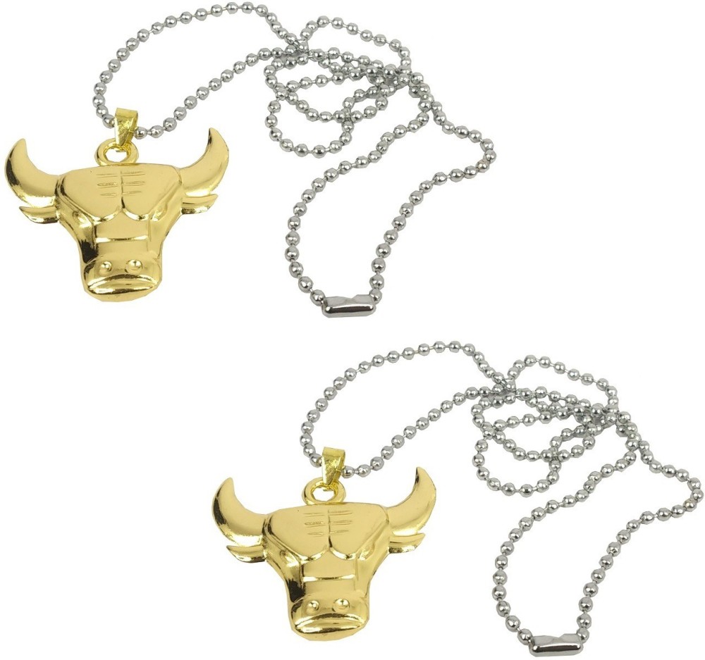 Adhvik (Set Of 2 Pcs) Unisex Metal Fancy & Stylish Solid Oxidize Golden Plated Beautiful Fashion Raging Bull Design Locket Pendant Necklace With Chain Stainless Steel