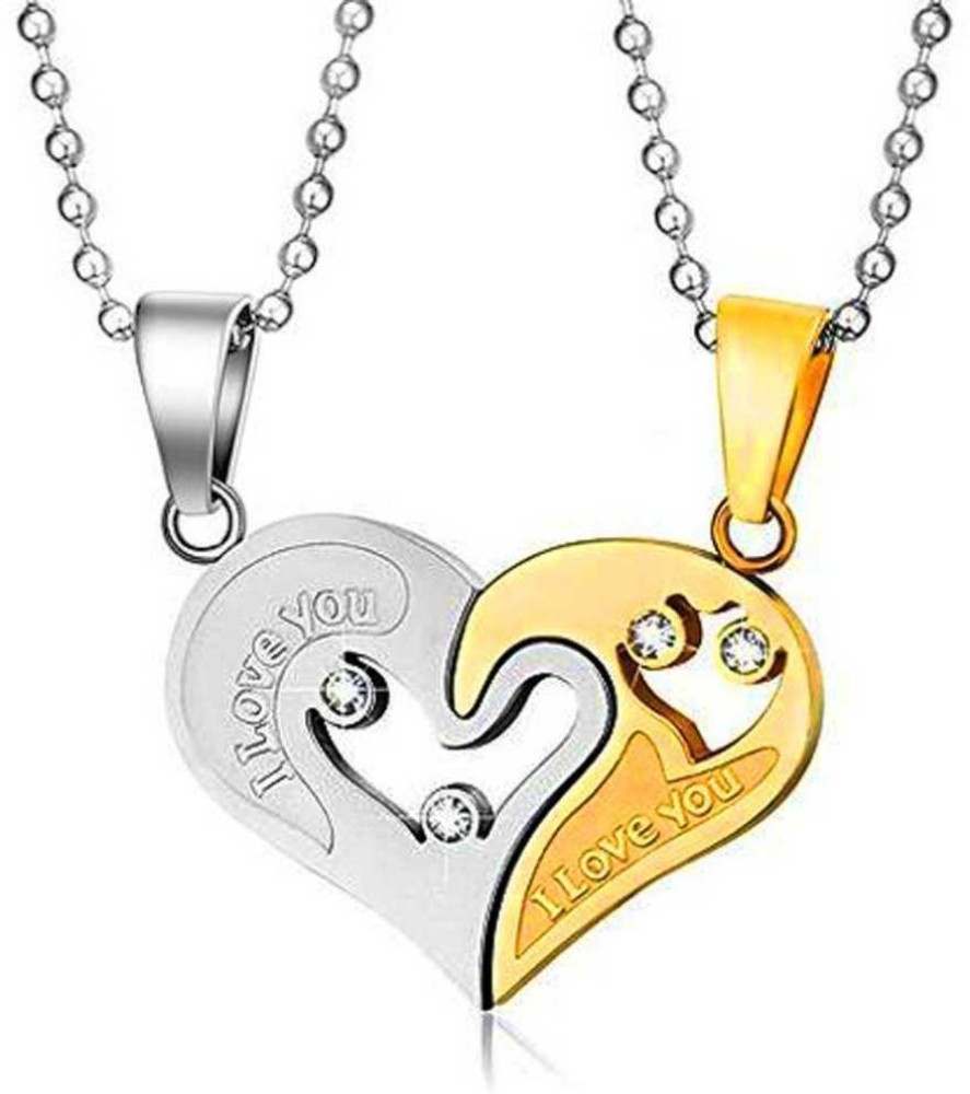Karishma Kreations Valentine Special Golden-Silver Broken Two Half Heart Shape Love Pendant Locket Necklace Chain Jewellery for Lovers/Couples 2pcs His and Hers Heart-shape I Love You Couple Necklace Lovers Heart I Love You Engraved Rhodium Alloy Pendant Set For men boys women girls Valentine Special Gifts His and Hers Lover Couple Love Heart 2 Piece Joining Couple Pendants Necklace Chain Pair Love Heart Cubic Zirconia CZ I Love You Puzzle Matching Couple Pendant Necklace for Men Women Girls Boys Friendship Relationship Promise Love Fashion Jewelry, Silver, Gold-plated, Platinum, Titanium Cubic Zirconia, Crystal Stainless Steel, Alloy, Brass Pendant Set