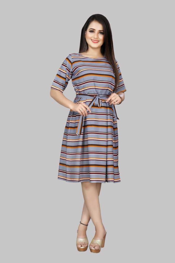 manth creation Women Fit and Flare Grey, Multicolor Dress