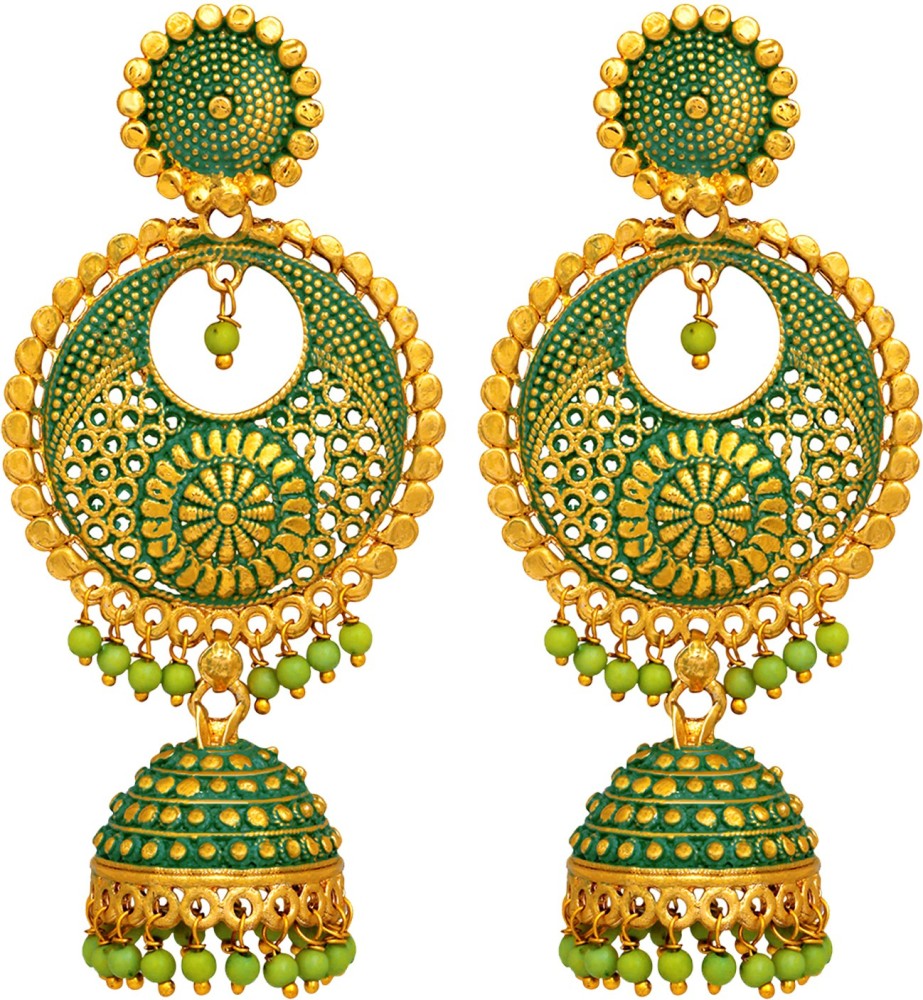 mahi Green Meenakari Work Enamelled Dangle Jhumka Earrings Pearl Alloy Jhumki Earring