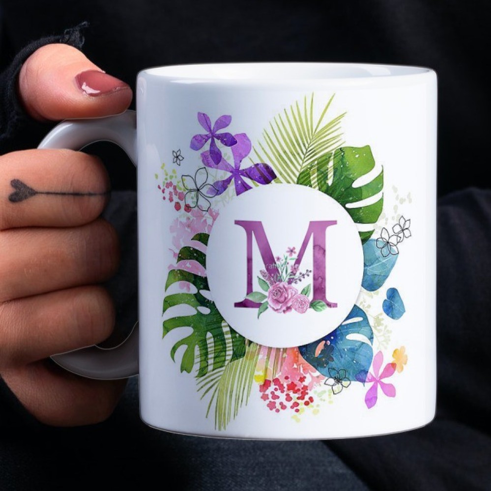 Rosemelt Letter M Alphabet Best Gift for Boy Friend Special Birthday Gift For Girlfriend Letter M Flower Alphabet CoffeeMug | Best Gift for your Loved Once on their Special Day Ceramic Coffee Mug