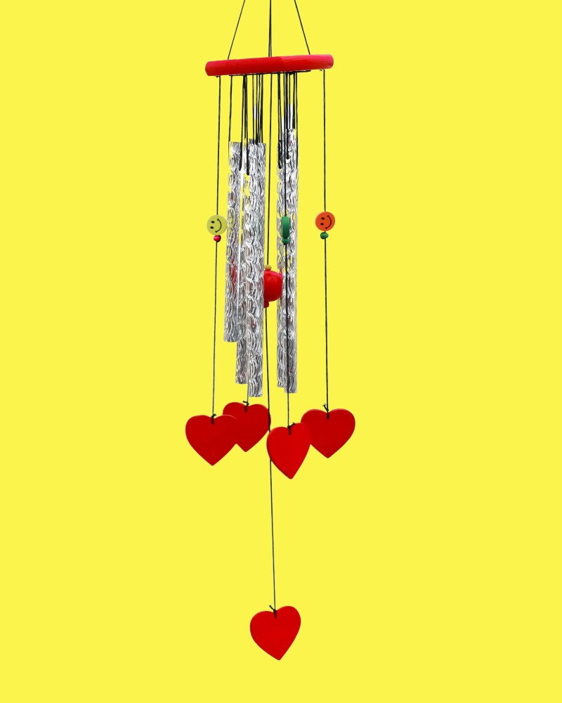 shanol Prajastore presents Red Heart Shape wind chime for home decoration Silver pipes Wind Chime Produce Melodious Sound , Gives Positive Energy & Reduce Negativity wooden square Wind Chimes For Home decoration and feng shui item Lovely Red Colour Aluminium Pipes bells and colourfull small smiley Wind chimes For Balcony Room Bedroom (Assured Good Sound) (length :- 25 inches, Red and silver, wooden and aluminium) Wood, Aluminium Windchime