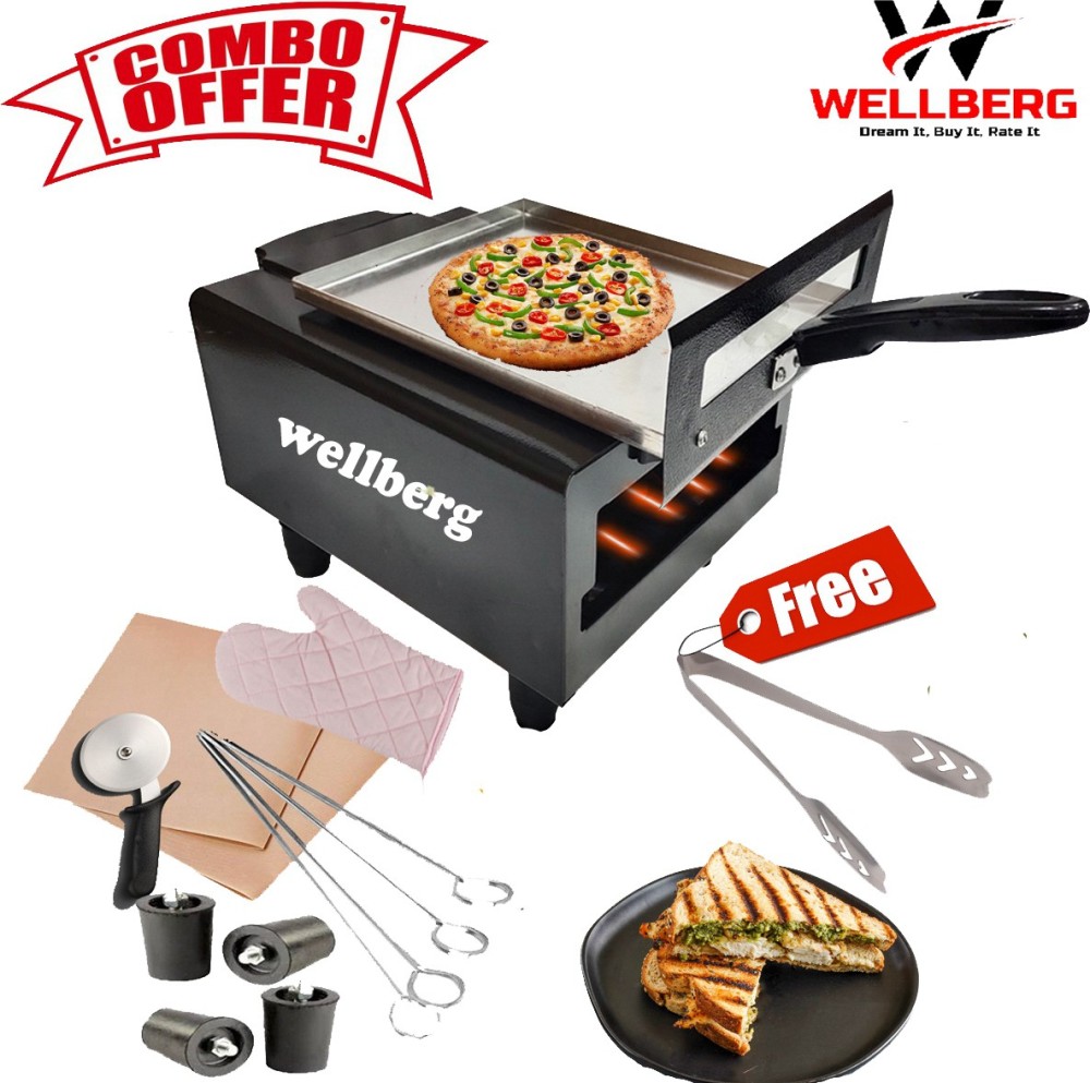 WELLBERG Heavy Weight Electric Tandoor with Pizza Cutter, Recipe Book, Nonstick Sheet, Grill, 4 Skewers,Glove (Size Mini) Electric Tandoor