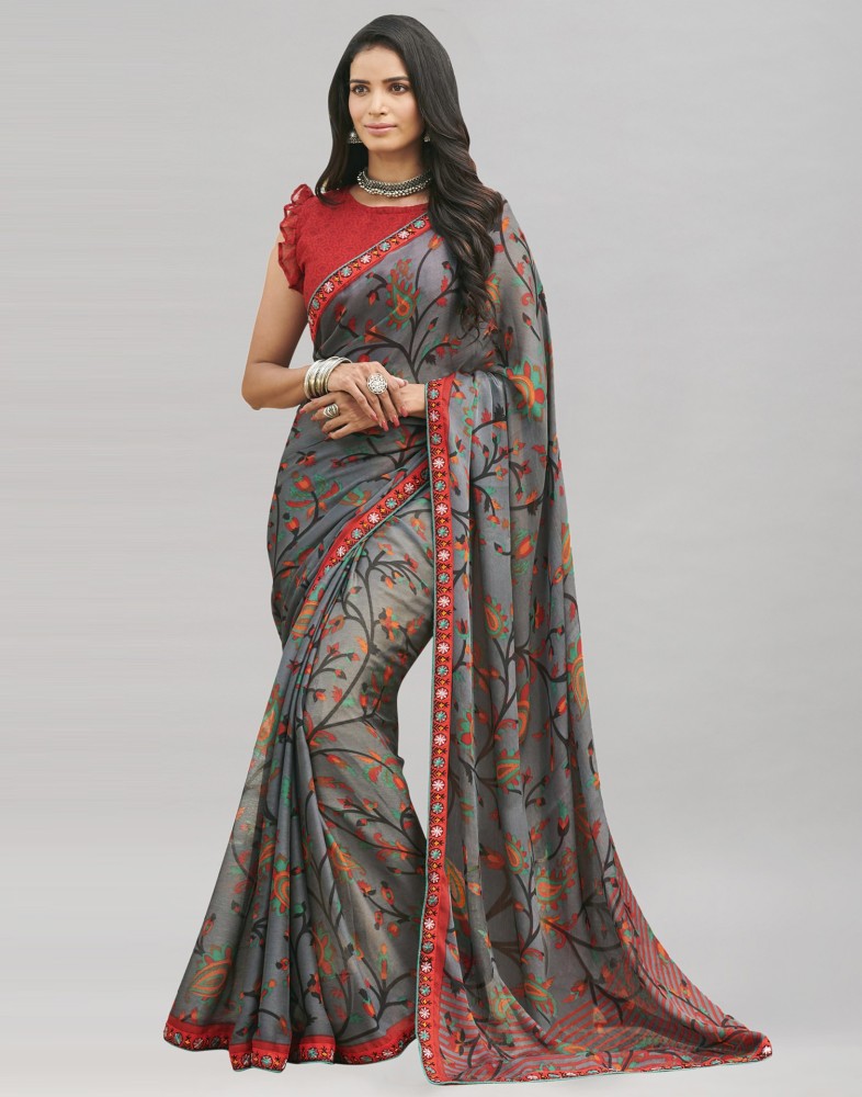 SAARA Printed, Embellished, Floral Print Bollywood Chiffon Saree