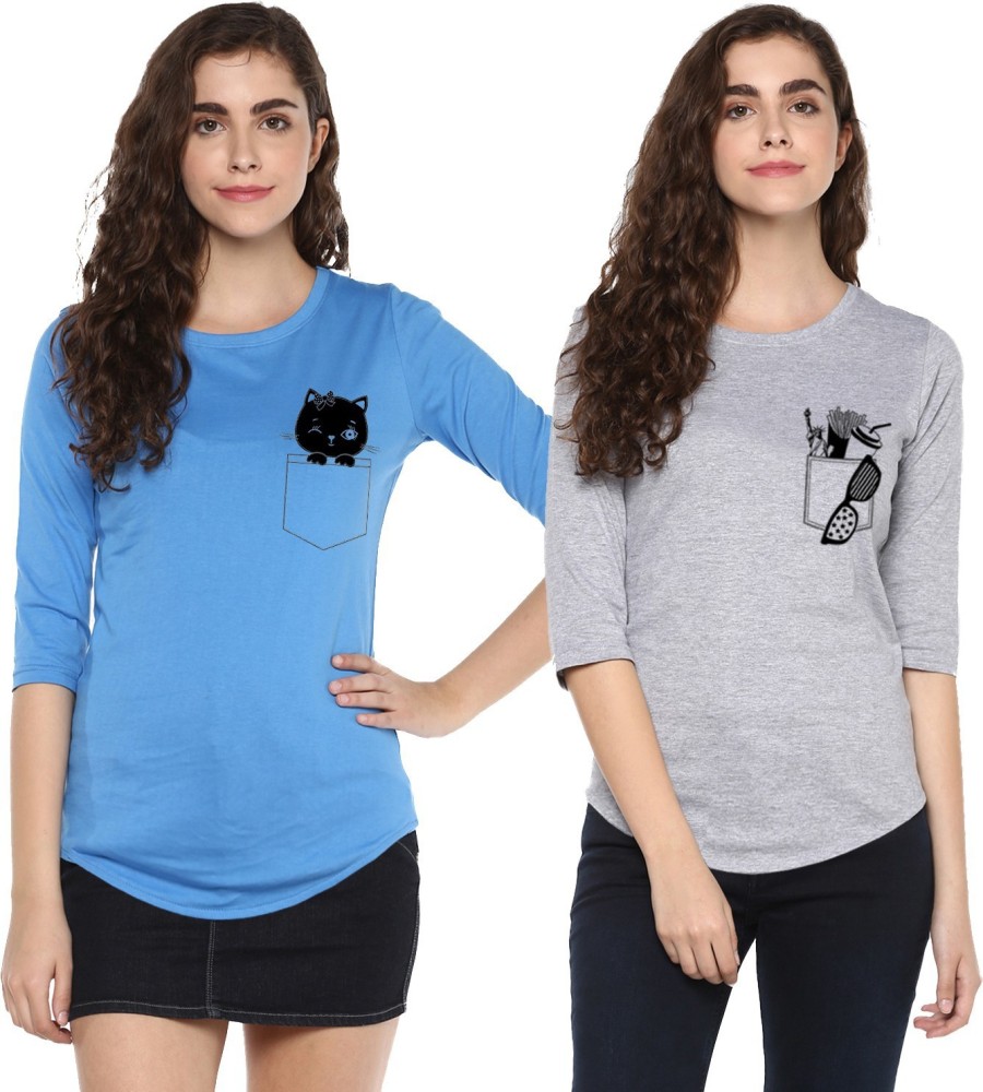 Young trendz Graphic Print Women Round Neck Blue, Grey T-Shirt