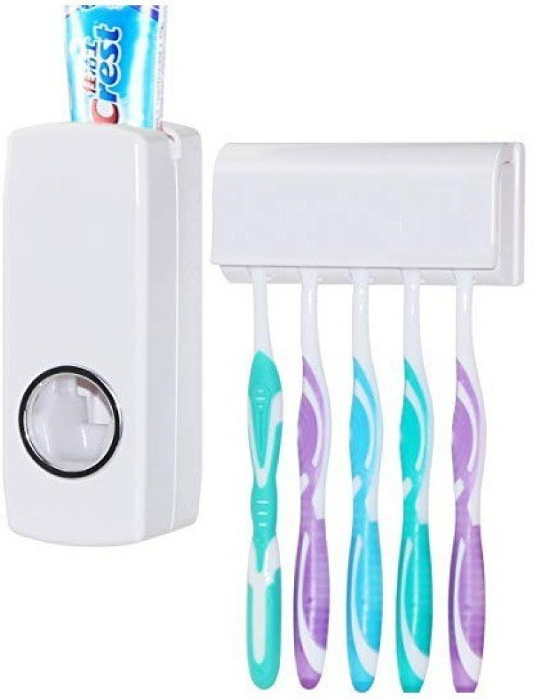 Elyon Design Point Automatic Toothpaste Dispenser and 5 Toothbrush Holder for Home Bathroom Acessories Set Automatic Toothpaste Dispenser & Tooth Brush Holder Set Hands Free Toothpaste Dispenser . Plastic Toothbrush Holder