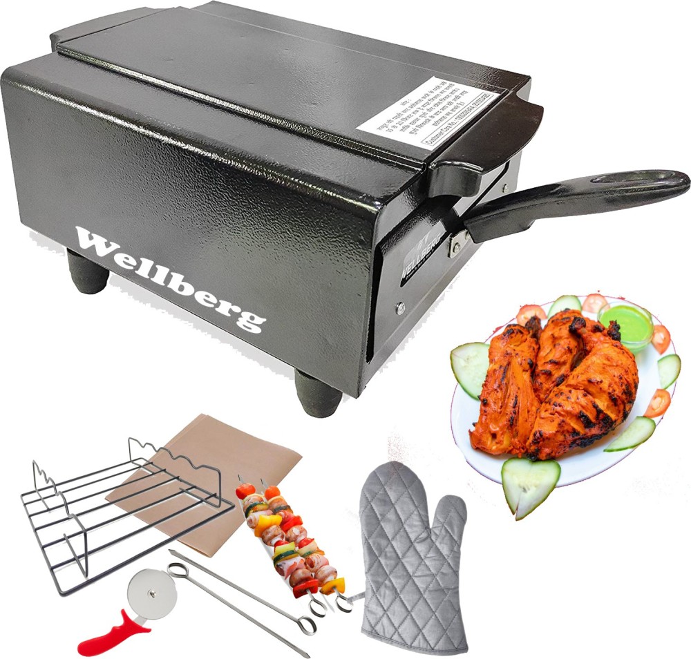 WELLBERG Electric Tandoor & Grill Barbeque For Naan & Roti Medium Size Electric Tandoor with 4 skewers, 1 Grill, 1 Magic Cloth, 1 GLove 4 Rubber Legs, 1 Handle, 1 Recipe Book, 1 Pizza Cutter Electric Tandoor