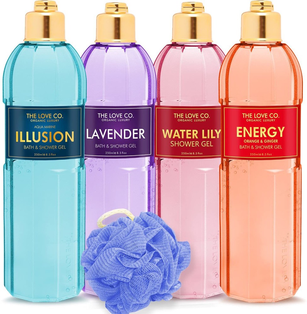 The Love Co. Body wash Shower Gel, Illusion, Lavender, Waterlily, Energy Body wash For Gentle & Mild Fragrance Body wash and Glowing ,Radian Skin Body wash With Loofah 250ml (4 Pcs)