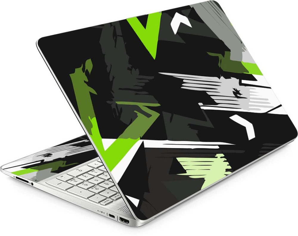 FineArts HD Printed Full Panel Laptop Skin Sticker Vinyl Fits Size Upto 15 inches No Residue, Bubble Free - Green Black Art Self Adhesive Vinyl Laptop Decal 15.6