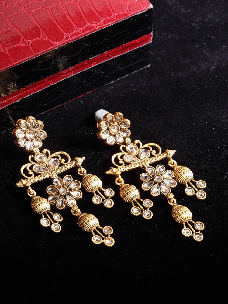 PANASH White Gold-Plated Handcrafted Contemporary Kundan Drop Earrings Alloy Drops & Danglers