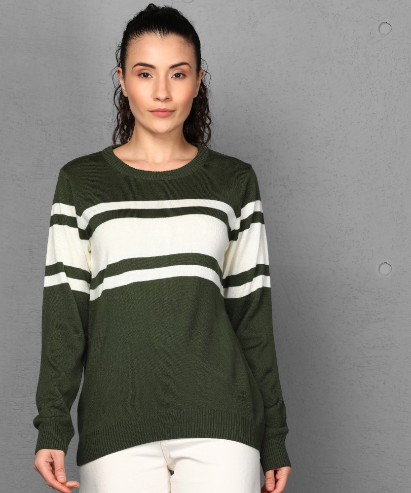 METRONAUT Striped Round Neck Casual Women Dark Green, White Sweater