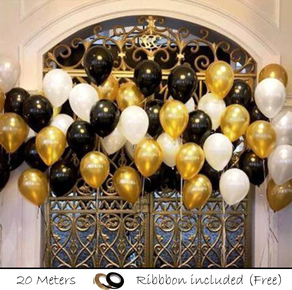 Party Hub Solid Premium Metallic Balloons (Black/Golden/White_10 Inch_Pack of 50) Balloon