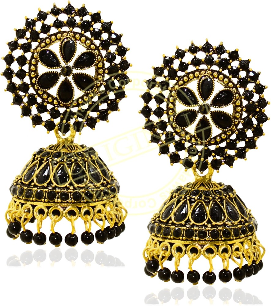 The Hawks Corporation Antique Design Gold Plated Jhumki for Girls White Stone with Pearls rhinestone; crystal; Non-Precious Metal Ethnic Jhumki Earrings for Women Party Wear Jhumka Cubic Zirconia, Crystal Metal Jhumki Earring