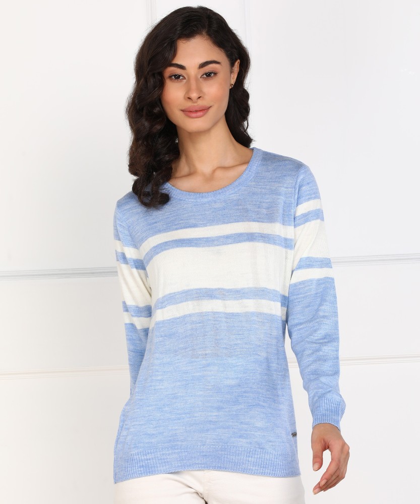PROVOGUE Striped Round Neck Casual Women Blue Sweater