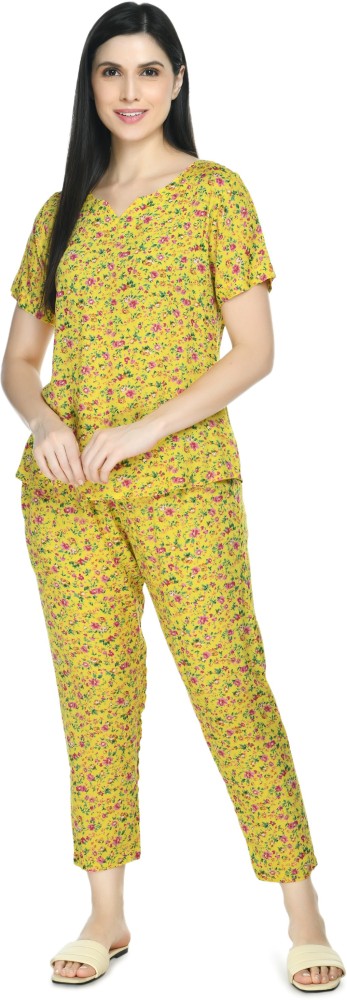 Rudraaksha Women Printed Yellow Top & Pyjama Set